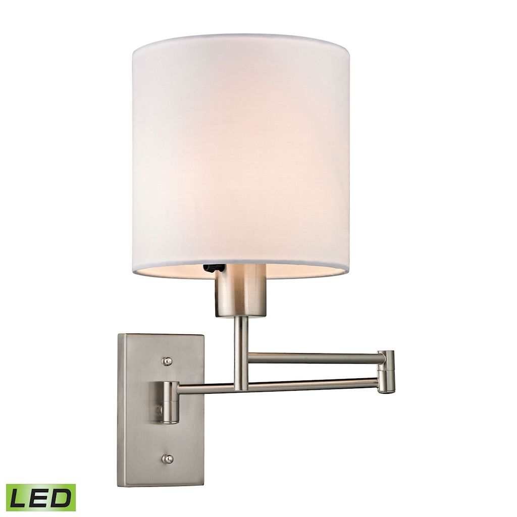 Carson 1-Light Swingarm Wall Lamp In Brushed Nickel With White Shade - Includes Led Bulb