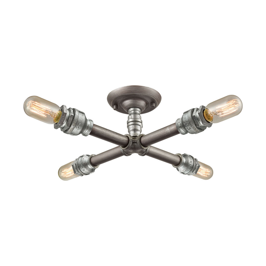 Cast Iron Pipe 4-Light Semi Flush In Weathered Zinc (Optional Shades Available)
