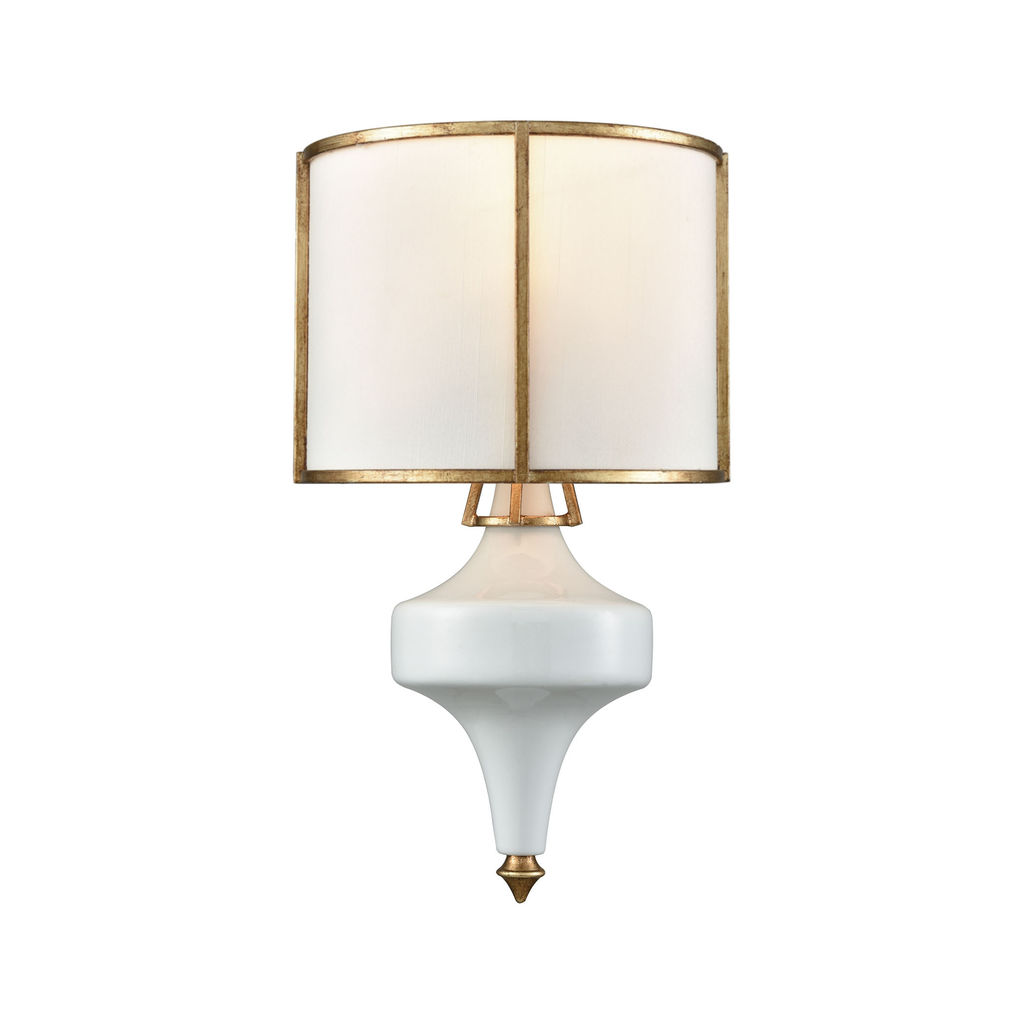 Ceramique 1-Light Sconce In White And Antique Gold Leaf With White Fabric Shade