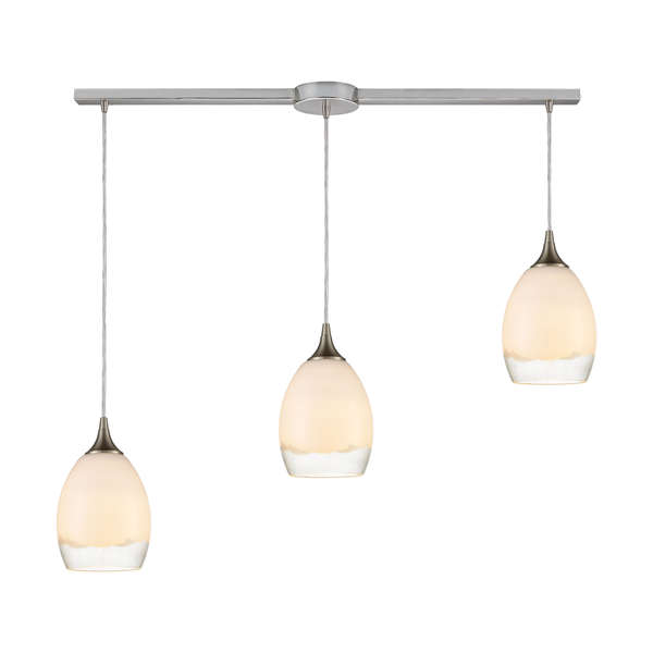 Cirrus 3-Light Linear Mini Pendant Fixture In Satin Nickel With Opal White And Clear Glass