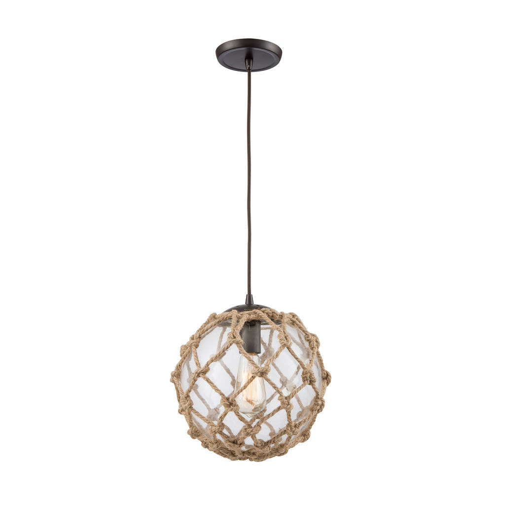 Coastal Inlet 1-Light Mini Pendant In Oiled Bronze With Rope And Clear Glass