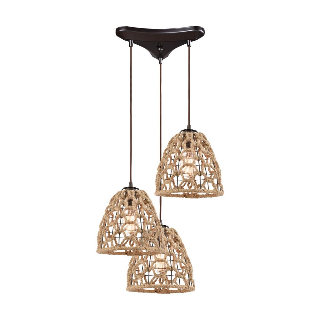Coastal Inlet 3-Light Triangular Mini Pendant Fixture In Oil Rubbed Bronze With Rope