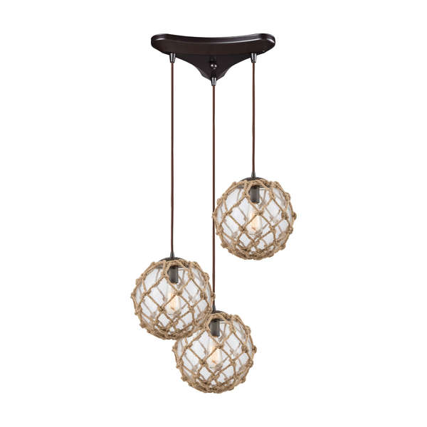 Coastal Inlet 3-Light Triangular Pendant Fixture In Oiled Bronze With Rope And Clear Glass