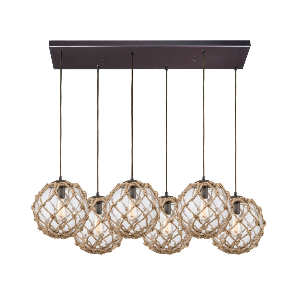 Rectangular Pendant Fixture In Oiled Bronze With Rope And Clear Glass