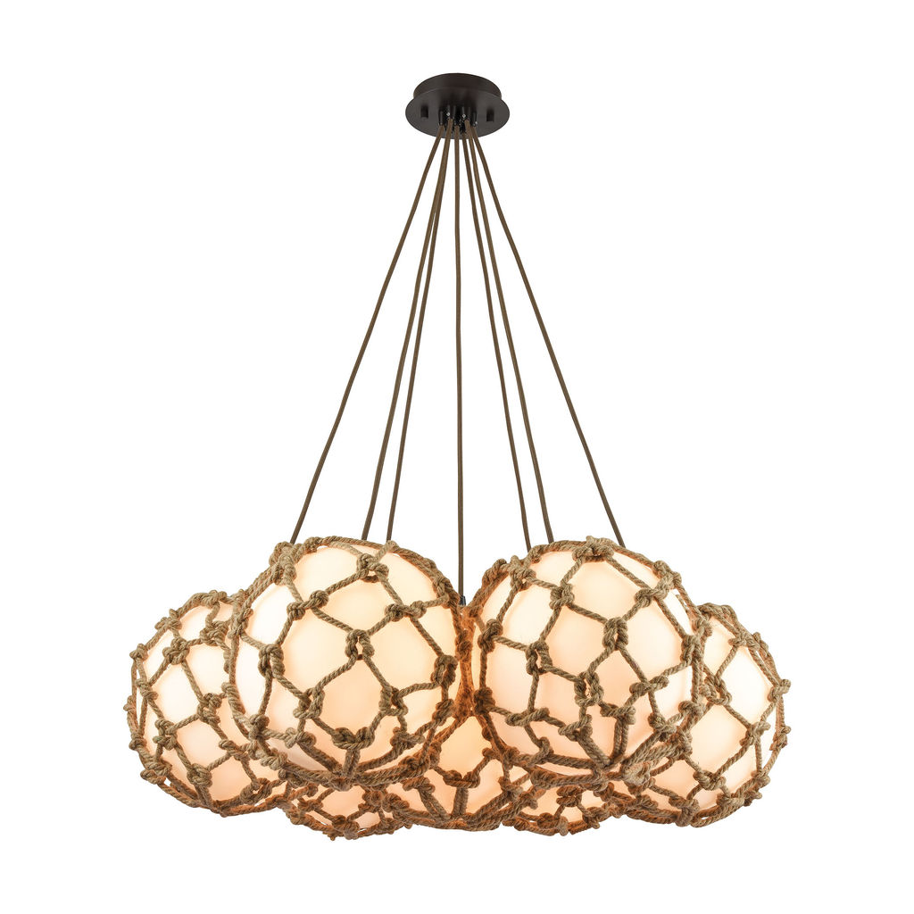Coastal Inlet 7-Light Chandelier In Oiled Bronze With Rope And Opal Glass