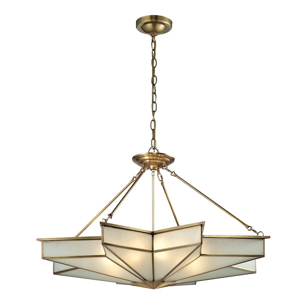 Decostar 8-Light Chandelier In Brushed Brass With Frosted Glass Panels