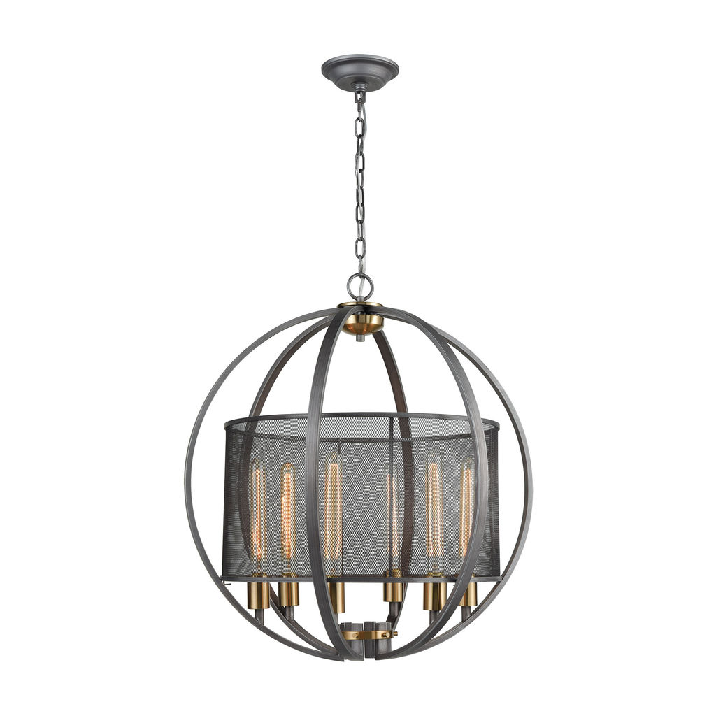 Preview image for Ellicott 6-Light Chandelier In Weathered Zinc And Satin Brass With Metal Mesh Drum Shade