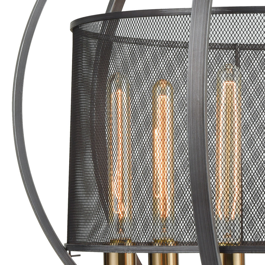 Ellicott 6-Light Chandelier In Weathered Zinc And Satin Brass With Metal Mesh Drum Shade