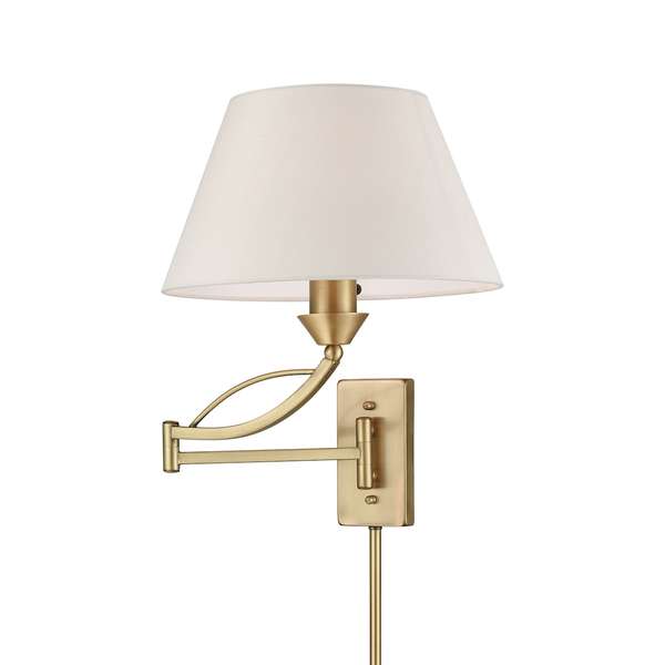 Elysburg 1-Light Swingarm Wall Lamp In French Brass With White Fabric Shade