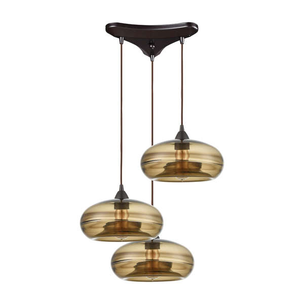Hazelton 3-Light Triangular Mini Pendant Fixture In Oil Rubbed Bronze With Earth Brown Fused Glass