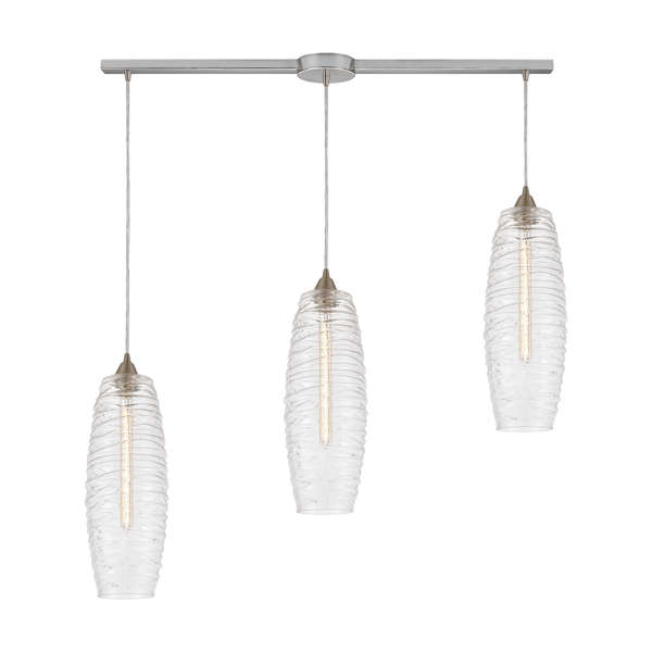 Liz 3-Light Linear Mini Pendant Fixture In Satin Nickel With Clear Glass With Ribbed Swirls
