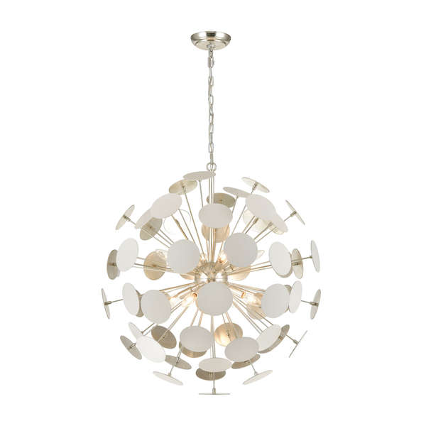 Modish 8-Light Chandelier In Matte White With White Discs