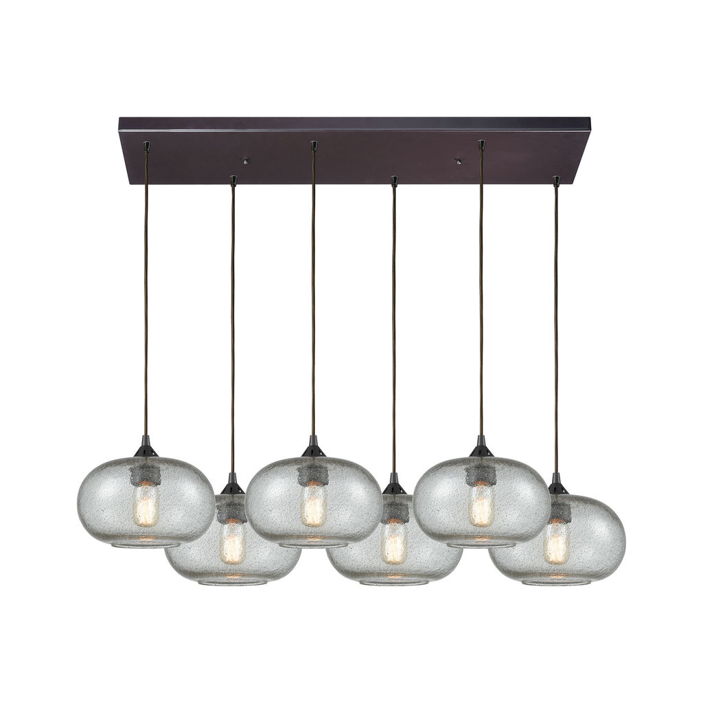 Preview image for Volace 6-Light Rectangular Pendant Fixture In Oiled Bronze With Rotunde Gray Speckled Blown Glass