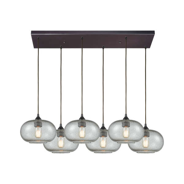 Volace 6-Light Rectangular Pendant Fixture In Oiled Bronze With Rotunde Gray Speckled Blown Glass