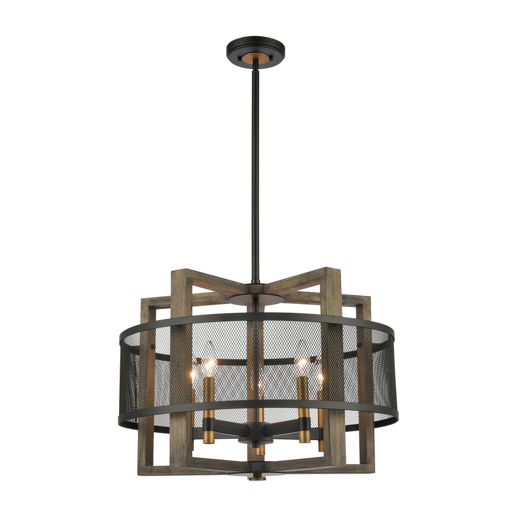 Woodbridge 5-Light Chandelier In Weathered Oak And Aged Brass With Matte Black Metal Mesh