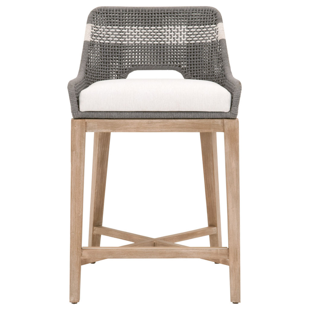 Preview image for Counter Stool Woven Dove Flat Rope White Stripe + Natural Mahogany
