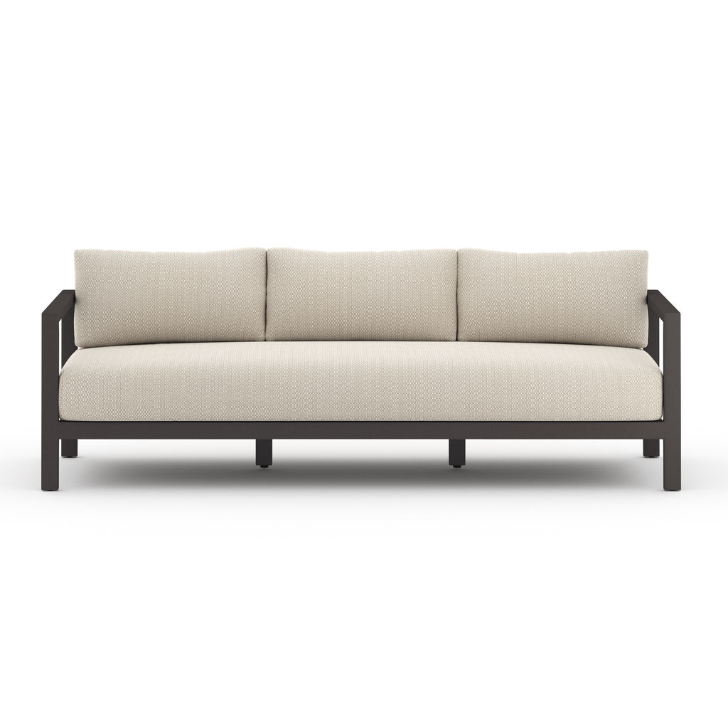 Outdoor Sofa, Contemporary, Sand Fabric Color, Ivory Strap, Bronze Finish