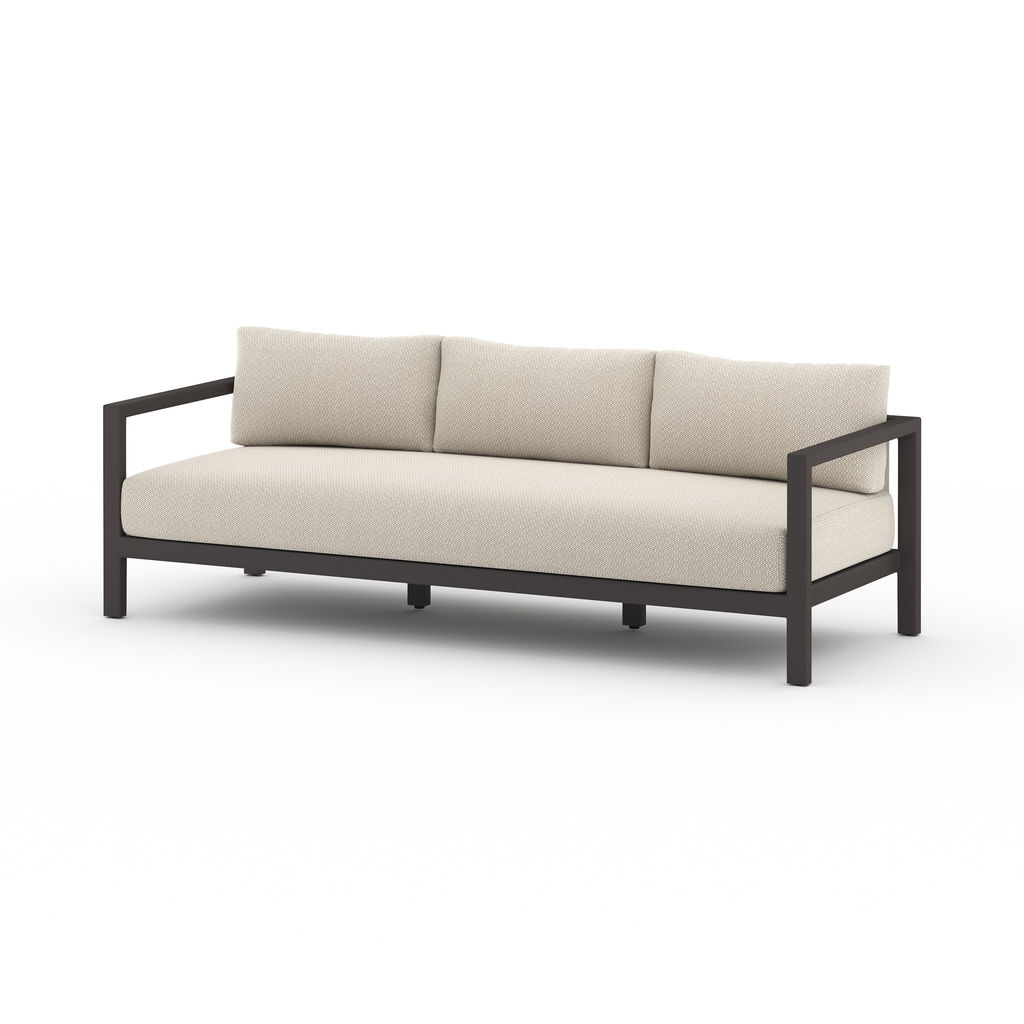 Outdoor Sofa, Contemporary, Sand Fabric Color, Ivory Strap, Bronze Finish