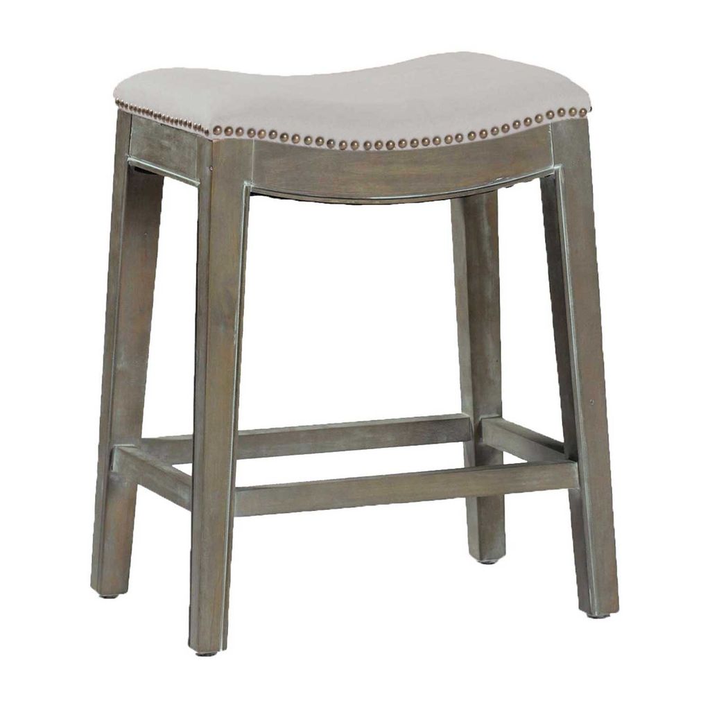Backless Counter Stool Sunbrella Linen Dove Fabric + Antique Brass Nailheads