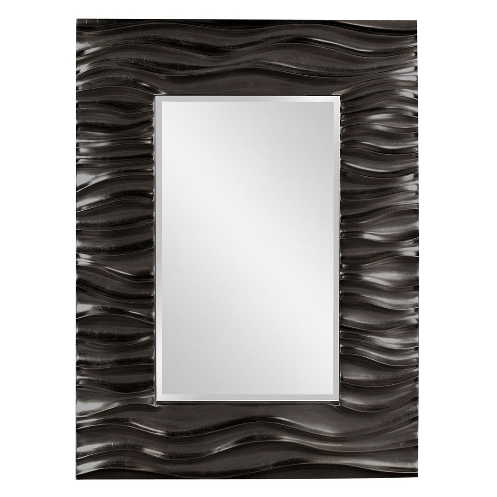 Mirror, Deep Textured Wave Design in Glossy Black Lacquer Finish, 39"H x 31"W x 2"D