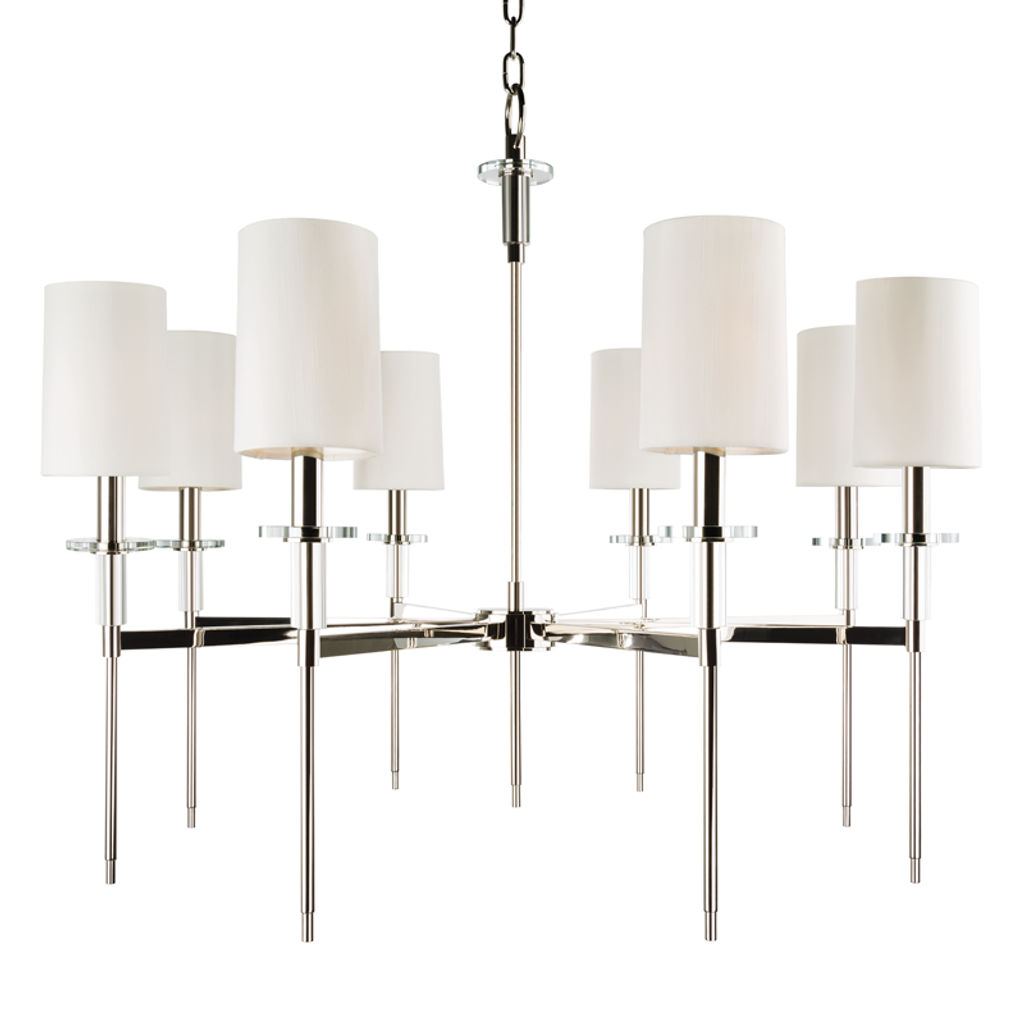 Preview image for Amherst 8 Light Chandelier, Polished Nickel Body, Off White Shade