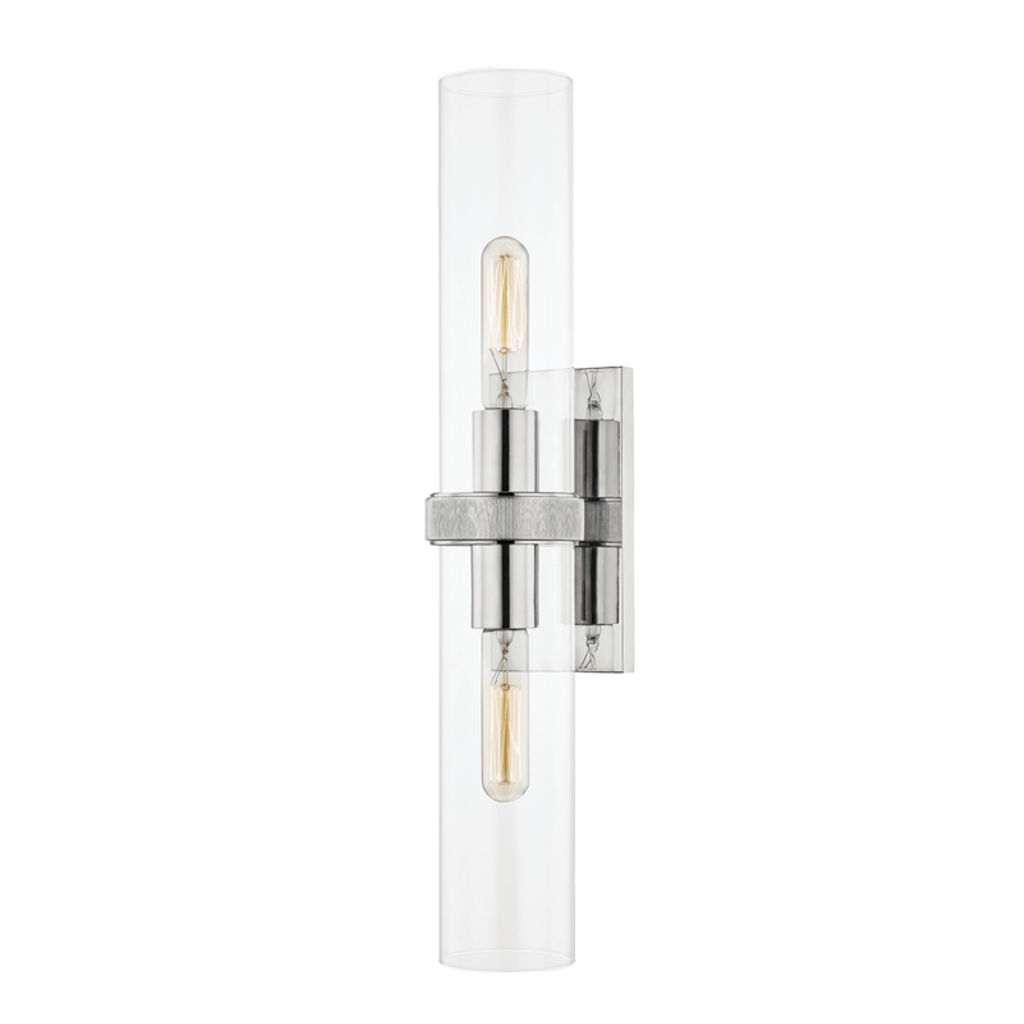 Briggs 2 Light Wall Sconce, Polished Nickel Body, Clear Shade