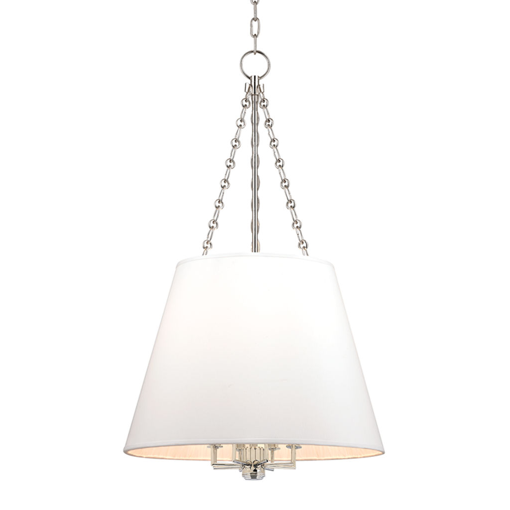 Burdett 8 Light Pendant, Polished Nickel Body, White Shade