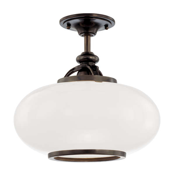 Canton 1 Light Semi Flush, Old Bronze Body, Opal Glossy Shade, 13"