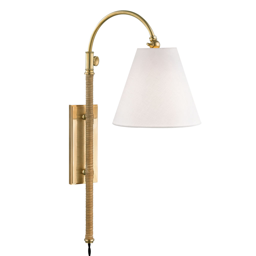 Preview image for Curves No.1 1 Light Adjustable Wall Sconce W/ Rattan Accent, Aged Bronze Body, Off White Shade