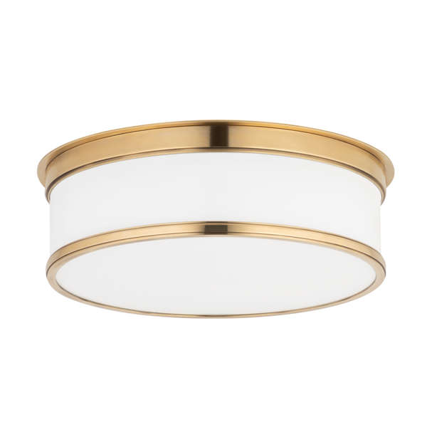 3 Light Flush Mount, Aged Bronze Body, Opal Glossy Shade