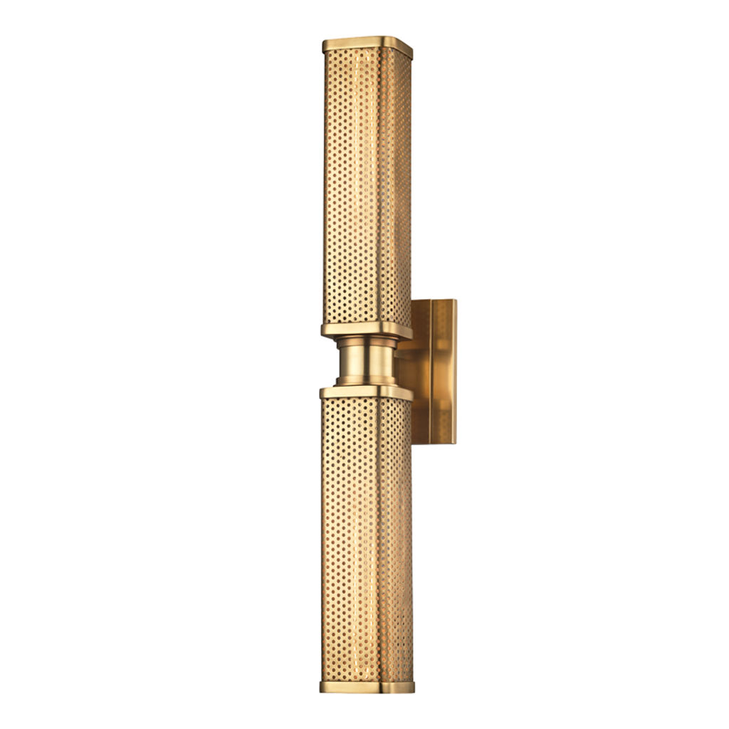 Gibbs 2 Light Wall Sconce, Aged Bronze Body, Aged Brass Shade