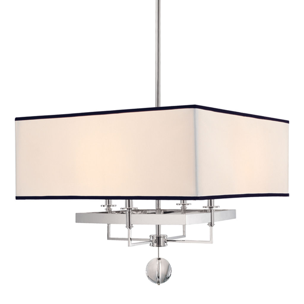Gresham Park 4 Light Chandelier With Black Trim On Shade, Polished Nickel Body, Off White/Black Trim Shade