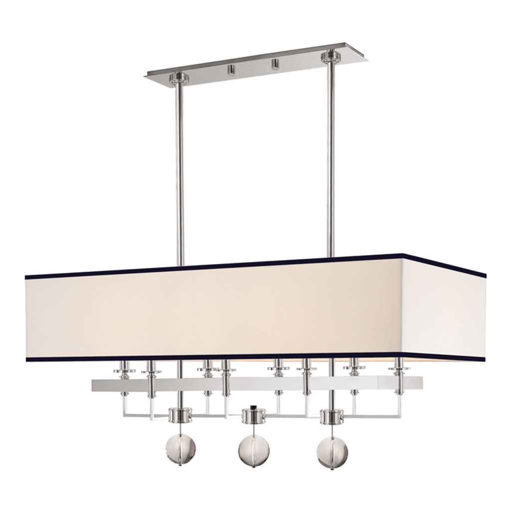 Preview image for Gresham Park 8 Light Island With Black Trim On Shade, Polished Nickel Body, Off White/Black Trim Shade