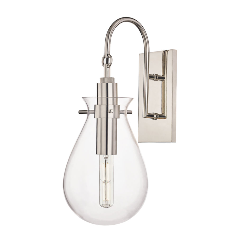 Ivy 1 Light Wall Sconce, Polished Nickel Body, Clear Shade