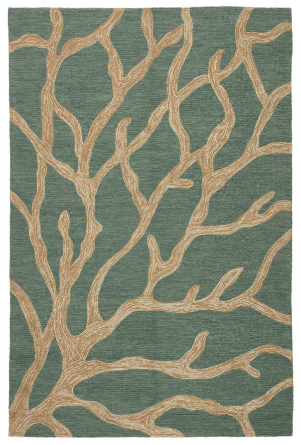 Coral Indoor/ Outdoor Abstract Teal/ Tan Area Rug (5'X7'6")