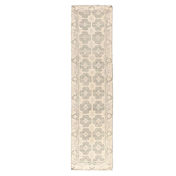 Stage Hand-Knotted Border Ivory/ Green Runner Rug (3'X12')