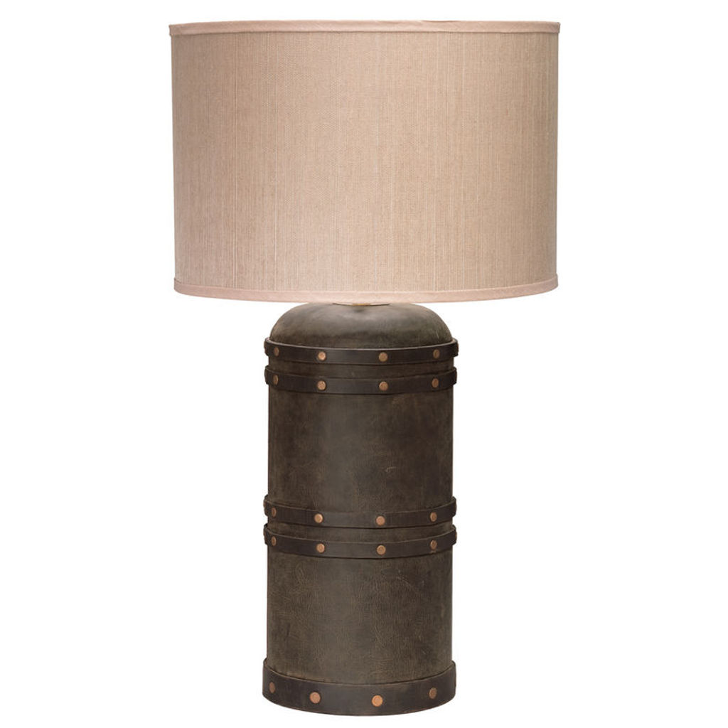 Barrel Table Lamp In Vintage Leather With Classic Drum Shade In Elephant Hemp