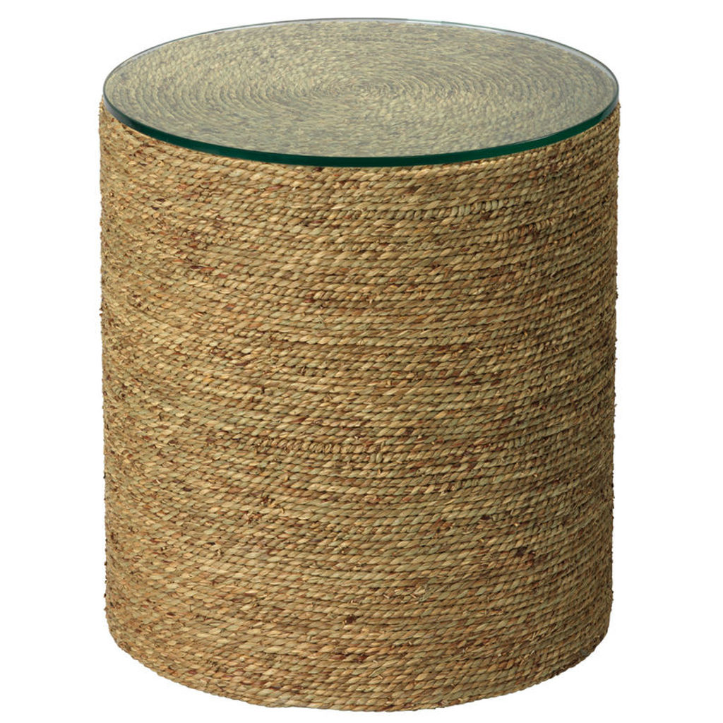 Jamie Young Harbor Side Table In Natural Seagrass With Tempered Glass Top