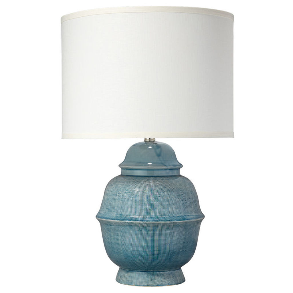 Preview image for Kaya Table Lamp In Blue Ceramic With Classic Drum Shade In Sea Salt Linen