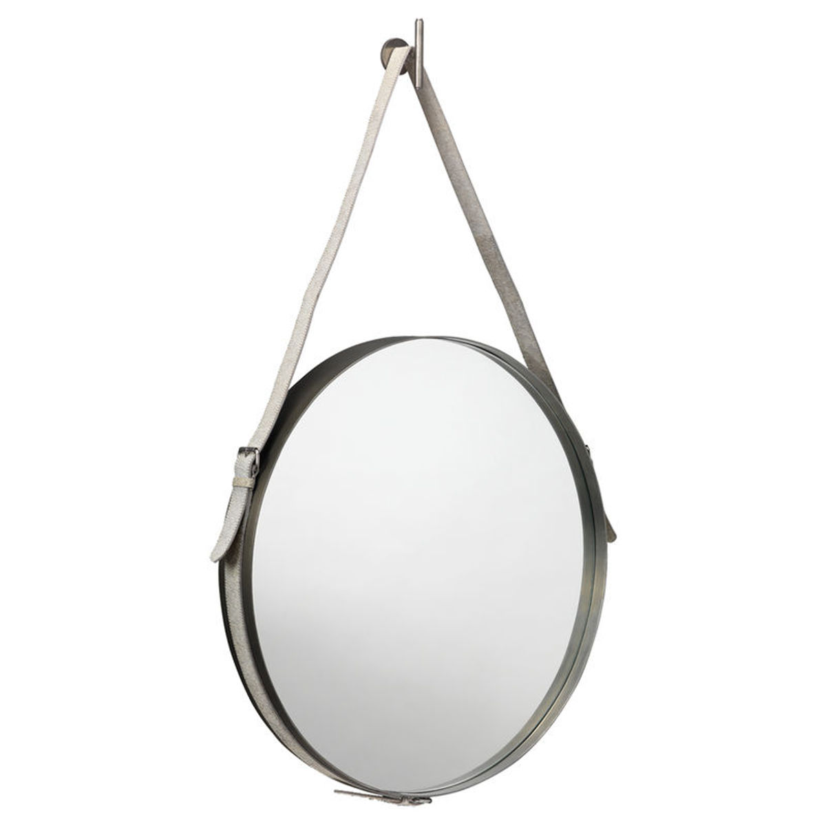 Large Round Mirror In Antique Silver & Grey Hide Strap