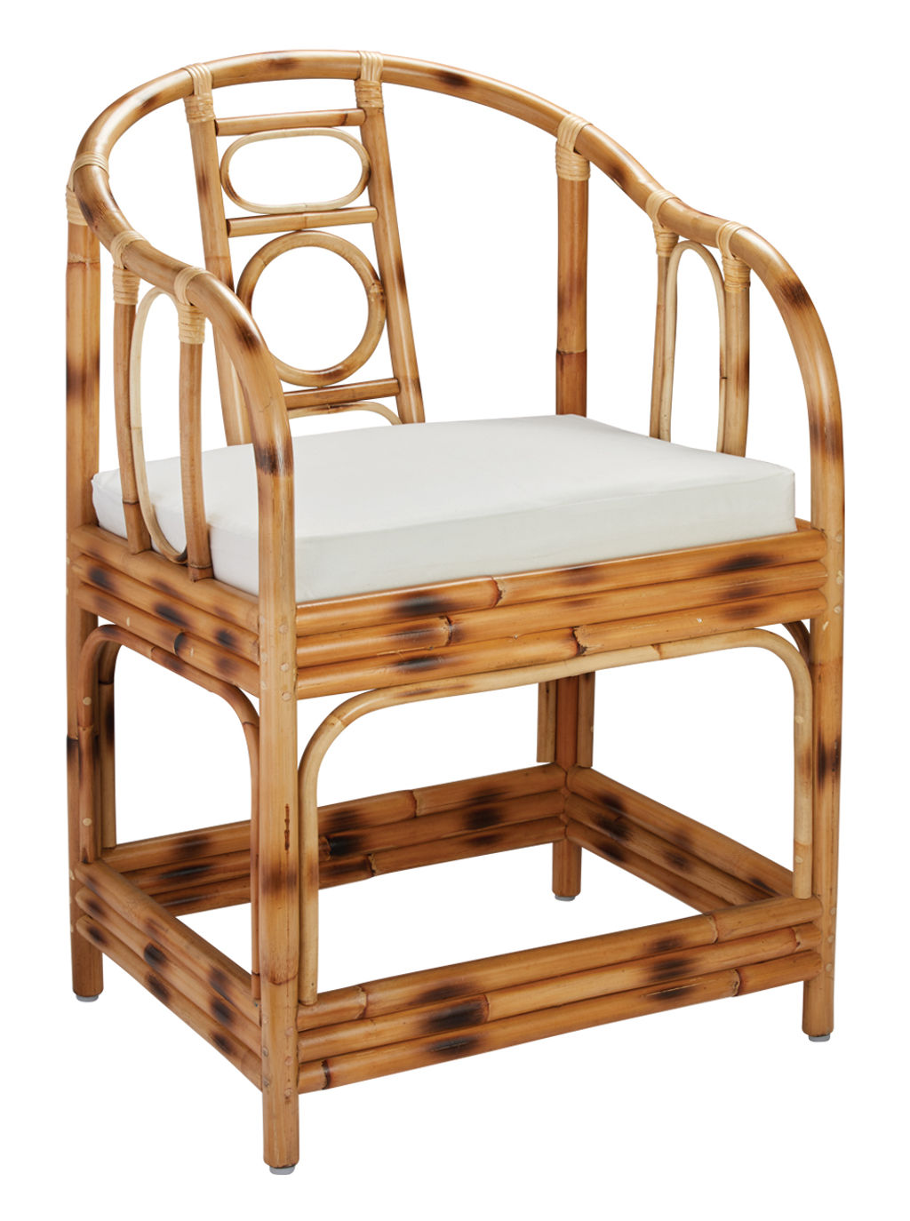 Preview image for Malacca Round Back Arm Chair In Burnt Tortoiseshell Rattan With Off White Cushion