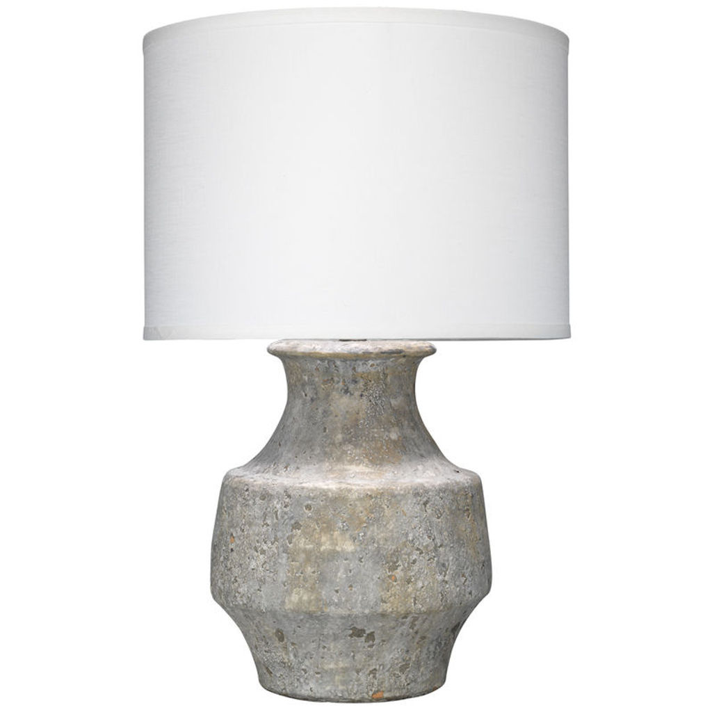 Masonry Table Lamp In Grey Ceramic With Classic Drum Shade In White Linen