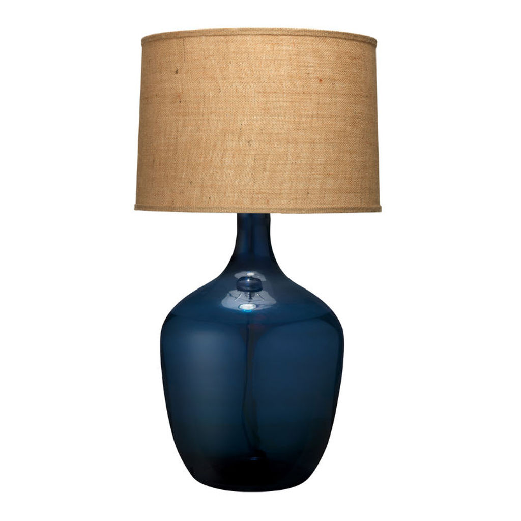 Preview image for Plum Jar Table Lamp, Extra Large In Navy Blue Glass With Large Drum Shade In Natural Burlap
