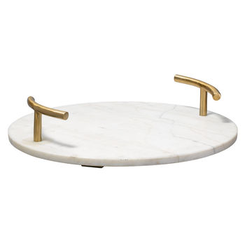 Round Carter Handle Tray In White Marble And Antique Brass