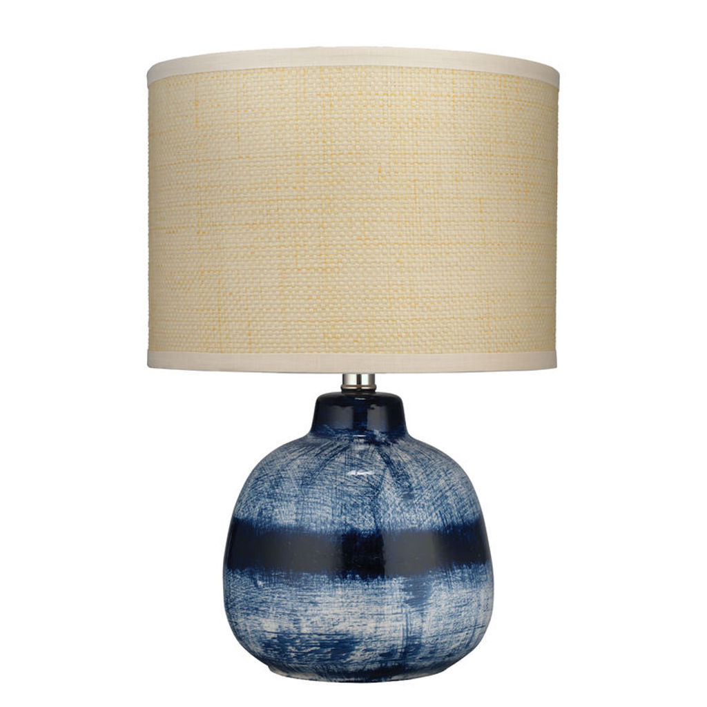 Small Batik Table Lamp In Indigo Ceramic With Small Drum Shade In Raffia