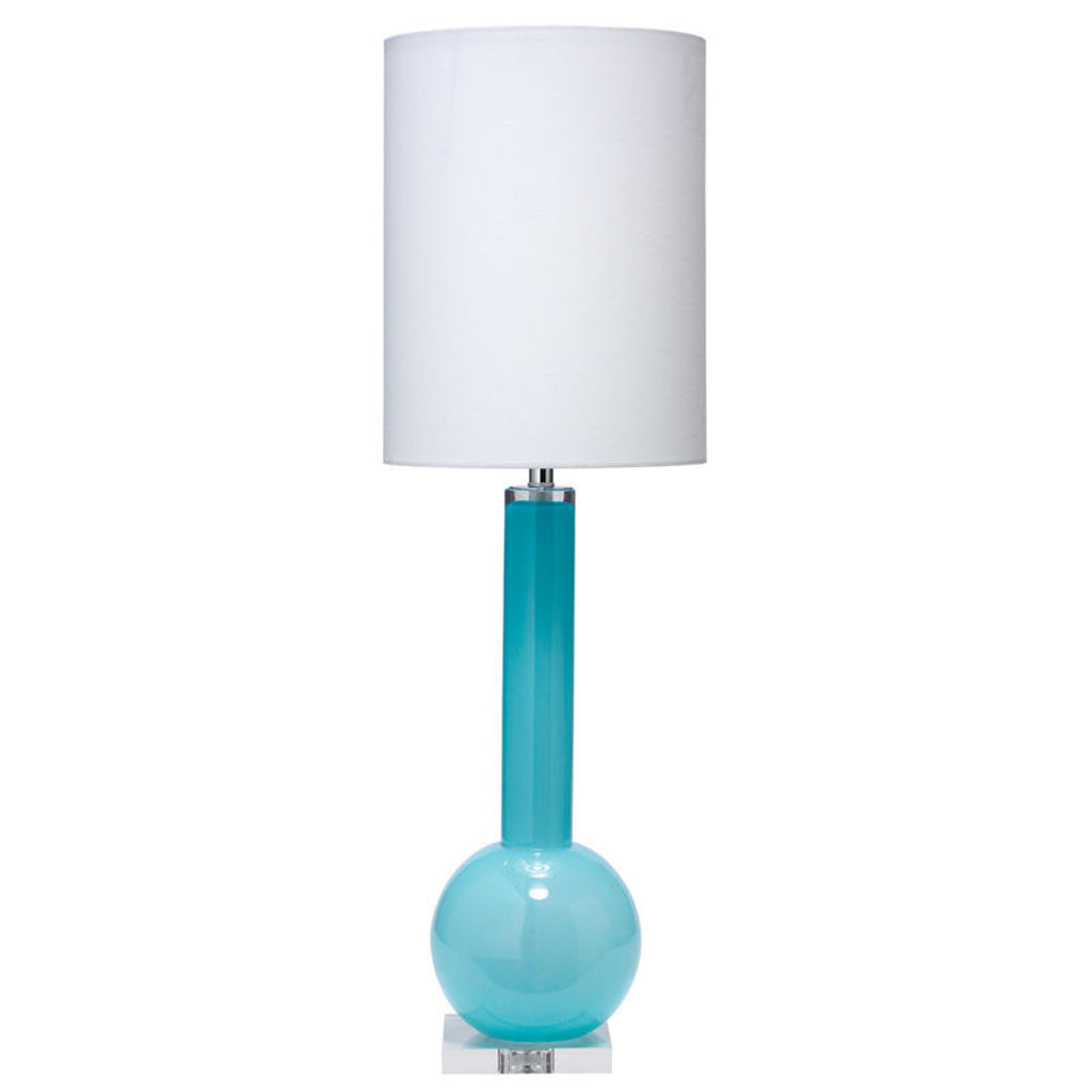 Preview image for Studio Table Lamp In Powder Blue Glass With Tall Thin Drum Shade In White Linen