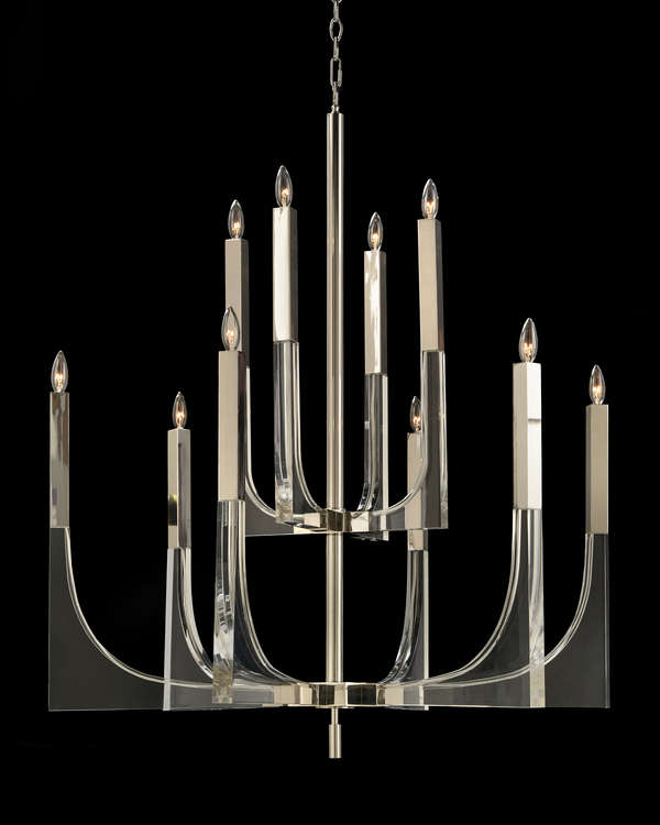 Acrylic And Nickel Ten-Light Chandelier
