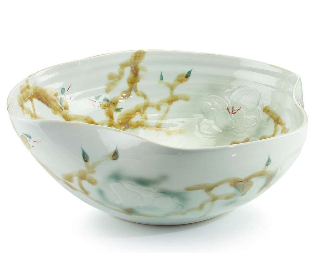 Curled-Rim Bowl In Greens And Yellows