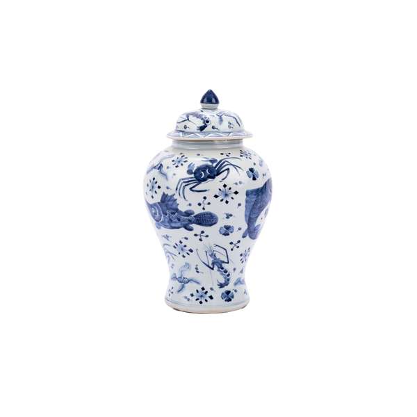 Blue and White Ginger Jar, Feature Fish, Shrimp, & Crab