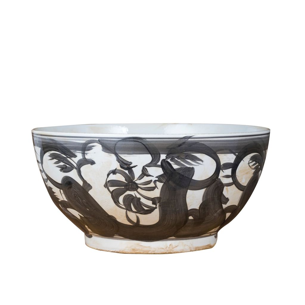 Black Porcelain Bowl Twisted Flower Motif